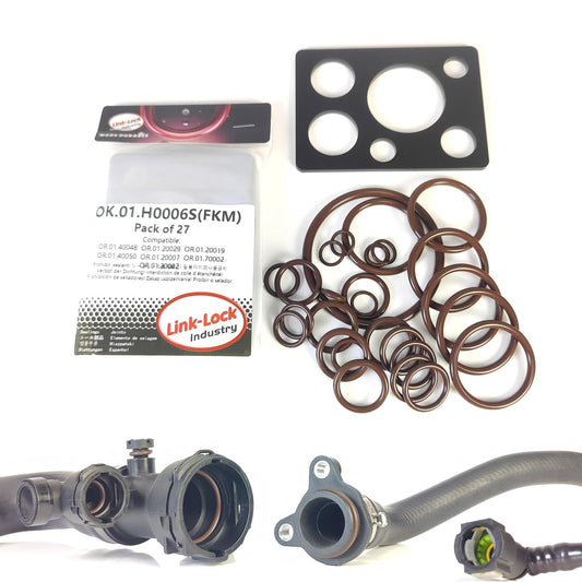 LINK-LOCK 27PCS FKM Viton OK.01.H0006S 엔진 냉각수 파이프/워터 호스 O-링 키트 11531435808 17127510952-AB 11531436408-AB (BMW M54 M52 E46 318I 320I 323I 325I 328I 330I용)
