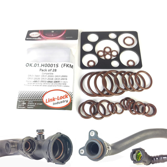 LINK-LOCK 28PCS FKM Viton OK.01.H0001S 엔진 냉각수 파이프/워터 호스 O-링 키트 17227613656 17227800958 11517514942 11537545278 (BMW N52 F10 F18 F11 523I 530I용)
